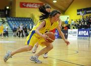 24 March 2011; Niamh Kelly, St. Louis Community School, Kiltimagh, Co. Mayo, in action against Erin Bracken, Colaiste Chiarain, Leixlip, Co. Kildare. Basketball Ireland Girls U16C Schools League Final, Colaiste Chiarain, Leixlip, Co. Kildare v St. Louis Community School, Kiltimagh, Co. Mayo, National Basketball Arena, Tallaght, Co. Dublin. Picture credit: Barry Cregg / SPORTSFILE