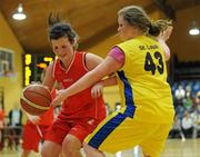 24 March 2011; Erin Bracken, Colaiste Chiarain, Leixlip, Co. Kildare, in action against Niamh Forde, St. Louis Community School, Kiltimagh, Co. Mayo. Basketball Ireland Girls U16C Schools League Final, Colaiste Chiarain, Leixlip, Co. Kildare v St. Louis Community School, Kiltimagh, Co. Mayo, National Basketball Arena, Tallaght, Co. Dublin. Picture credit: Barry Cregg / SPORTSFILE