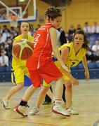 24 March 2011; Mairead Charlton, St. Louis Community School, Kiltimagh, Co. Mayo, in action against Keelin Kelly, Colaiste Chiarain, Leixlip, Co. Kildare. Basketball Ireland Girls U16C Schools League Final, Colaiste Chiarain, Leixlip, Co. Kildare v St. Louis Community School, Kiltimagh, Co. Mayo, National Basketball Arena, Tallaght, Co. Dublin. Picture credit: Barry Cregg / SPORTSFILE