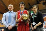 24 March 2011;  St. Josephs &quot;Bish&quot;, Galway, captain receives the Most Valuable Player award from Conor Lilly, Competitions Officer Basketball Ireland, and Louise O'Loughlin, Competitions Officer Basketball Ireland, after the game. Basketball Ireland Boys U16A Schools League Final, Presentation College, Bray, Co. Wicklow v St. Josephs &quot;Bish&quot;, Galway, National Basketball Arena, Tallaght, Co. Dublin. Picture credit: Barry Cregg / SPORTSFILE