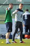 25 March 2011; Republic of Ireland captain Robbie Keane and Damien Duff during squad training ahead of their EURO2012 Championship Qualifier match against Macedonia on Saturday. Republic of Ireland Squad Training, Gannon Park, Malahide, Co. Dublin. Picture credit: David Maher / SPORTSFILE