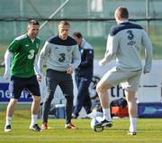 25 March 2011; Republic of Ireland players Robbie Keane, Damien Duff and Richard Dunne, right, in action during squad training ahead of their EURO2012 Championship Qualifier match against Macedonia on Saturday. Republic of Ireland Squad Training, Gannon Park, Malahide, Co. Dublin. Picture credit: David Maher / SPORTSFILE