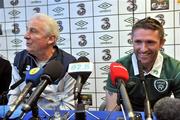 25 March 2011; Republic of Ireland manager Giovanni Trapattoni and  captain Robbie Keane during a press conference ahead of their EURO2012 Championship Qualifier match against Macedonia on Saturday. Republic of Ireland Press Conference, Grand Hotel, Malahide, Co. Dublin. Picture credit: David Maher / SPORTSFILE