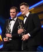 4 November 2016; Kilkenny hurler Padráig Walsh, left, and Tipperary hurler Ronan Maher with their awards at the 2016 GAA/GPA Opel All-Stars Awards at the Convention Centre in Dublin. Photo by Ramsey Cardy/Sportsfile