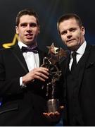 4 November 2016; Mayo's Lee Keegan is presented with the Footballer of the Year award by GPA CEO Dessie Farrell at the 2016 GAA/GPA Opel All-Stars Awards at the Convention Centre in Dublin. Photo by Ramsey Cardy/Sportsfile