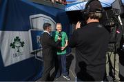 5 November 2016; Ireland head coach Joe Schmidt is interviewed by television ahead of the International rugby match between Ireland and New Zealand at Soldier Field in Chicago, USA. Photo by Brendan Moran/Sportsfile