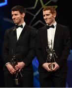 4 November 2016; Tyrone footballers Mattie Donnelly, left, and Peter Harte with their awards at the 2016 GAA/GPA Opel All-Stars Awards at the Convention Centre in Dublin. Photo by Ramsey Cardy/Sportsfile