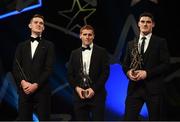 4 November 2016; Dublin footballers Brian Fenton, left, and Diarmuid Connolly, right, with Tyrone footballer Peter Harte with their awards at the 2016 GAA/GPA Opel All-Stars Awards at the Convention Centre in Dublin. Photo by Ramsey Cardy/Sportsfile