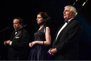 4 November 2016; MC's from left to right Michael Lyster, Joanne Cantwell and Marty Morrissey at the 2016 GAA/GPA Opel All-Stars Awards at the Convention Centre in Dublin. Photo by Ramsey Cardy/Sportsfile