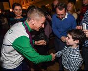 3 November 2016; Race walker Robert Heffernan is congratulated by Alex Twomey after being presented with the 2012 London Olympic Men's 50km Race Walk Bronze Medal by Willie O’Brien, Acting President of the OCI, at City Hall in Cork. A result of decisions in relation to six Russian athletes including racewalker Sergey Kirdyapkin who won the Gold Medal at the Olympic Games in London in 2012 smashing the 50km World Record Heffernan who finished fourth in the same race has been retrospectively awarded a Bronze following Kirdyapkin’s disqualification. Photo by Stephen McCarthy/Sportsfile
