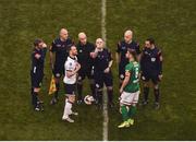 6 November 2016; Referee Roberts Rogers conducts the coin toss with Dundalk captain Stephen O'Donnell and Greg Bolger of Cork City before the Irish Daily Mail FAI Cup Final match between Cork City and Dundalk at Aviva Stadium in Lansdowne Road, Dublin. Photo by Stephen McCarthy/Sportsfile