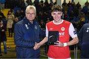 3 November 2016; FAI High Performance Director Ruud Dokter presents the player of the match award to Richie O'Farrell of St Patrick's Athletic after the SSE Airtricity Under 17 League Final match between UCD and St Patrick's Athletic at the UCD Bowl in Belfield, Dublin. Photo by Matt Browne/Sportsfile