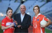 8 November 2016; OPRO representative Kevin Fox with footballers Cork's Eimear Scally, left, and Armagh's Caroline O'Hanlon at the launch of the WGPA Mouthguard Partnership with OPRO at Croke Park in Dublin. OPRO will be the supplying the WGPA with Gold standard mouthguards for all members who play Ladies Football ahead of the forthcoming rule change, making it mandatory for all adult players to wear a mouthguard from 1st January 2017. Photo by Ramsey Cardy/Sportsfile