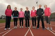 26 March 2011; At the Irish Women’s World Championship 4 x 100m squad training session, were, from left, trainer Terri Cahill, Claire Brady, Niamh Whelan, Ailis McSweeney, Joan Healy, Derval O'Rourke and Amy Foster. Morton Stadium, Santry, Dublin. Photo by Sportsfile