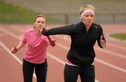 26 March 2011; Niamh Whelan, left, and Derval O'Rourke in action during an Irish Women’s World Championship 4 x 100m squad training session. Morton Stadium, Santry, Dublin. Photo by Sportsfile