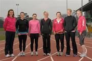 26 March 2011; At the Irish Women’s World Championship 4 x 100m squad training session were, from left, trainer Terri Cahill, Claire Brady, Niamh Whelan, Ailis McSweeney, Joan Healy, Derval O'Rourke and Amy Foster. Morton Stadium, Santry, Dublin. Photo by Sportsfile