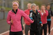26 March 2011; Derval O'Rourke, left, and Ailis McSweeney in action during an Irish Women’s World Championship 4 x 100m squad training session. Morton Stadium, Santry, Dublin. Photo by Sportsfile