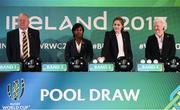 9 November 2016; World Rugby Chairman Bill Beaumont, England’s WRWC 2014 winner Maggie Alphonsi, former Ireland captain and WRWC 2017 Ambassador Fiona Coghlan, and Olympic gold medallist Dame Mary Peters during the 2017 Women's Rugby World Cup Pool Draw at City Hall in Belfast. Photo by Oliver McVeigh/Sportsfile