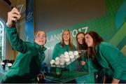 9 November 2016; Ireland players Niamh Briggs, Alison Miller, Claire McLaughlin and Nora Stapleton during the 2017 Women's Rugby World Cup Pool Draw at City Hall in Belfast. Photo by Oliver McVeigh/Sportsfile