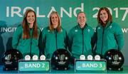 9 November 2016; Ireland players, from left, Claire McLaughlin, Alison Miller, Niamh Briggs and Nora Stapleton during the 2017 Women's Rugby World Cup Pool Draw at City Hall in Belfast. Photo by Oliver McVeigh/Sportsfile