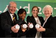 9 November 2016; World Rugby Chairman Bill Beaumont, from left, England’s WRWC 2014 winner Maggie Alphonsi, former Ireland captain and WRWC 2017 Ambassador Fiona Coghlan, and Olympic gold medalist Dame Mary Peters during the 2017 Women's Rugby World Cup Pool Draw at City Hall in Belfast. Photo by Oliver McVeigh/Sportsfile