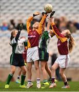 9 November 2016; Amy Doyle, left, and Ella Hegarty of Rush NS in action against Laura Cahill, left, and Joy Ralph of St. Pius X GNS, Terenure, during the Corn Austin Finn shield final at the Allianz Cumann na mBunscol Finals in Croke Park, Dublin. Photo by Stephen McCarthy/Sportsfile