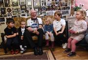 31 October 2016; Former Dundalk player Joe Martin, part of the 1952 FAI Cup winning team, with his great grandchildren from left, Tom, age 5, Lucy, age 3, Charlotte, age 3, Aaron, age 8 and Sophia, age 2, pose for a portrait at Oriel Park in Dundalk, Co.Louth. Photo by David Maher/Sportsfile