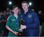 9 November 2016; Stephen Morley captain of Bohemians is presented with the Mark Farren Memorial Cup by Republic of Ireland International James McClean after the Mark Farren Memorial Cup match between St. Patrick’s Athletic and Bohemians at Richmond Park in Inchicore, Dublin 8. Photo by Matt Browne/Sportsfile