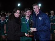 9 November 2016; Stephen Morley captain of Bohemians is presented with the Mark Farren Memorial Cup by Republic of Ireland International James McClean and Anne Sweeney, from SSE Airtricity after the Mark Farren Memorial Cup match between St. Patrick’s Athletic and Bohemians at Richmond Park in Inchicore, Dublin 8. Photo by Matt Browne/Sportsfile