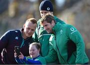 10 November 2016; Jennifer Malone, from Clane, Co Kildare, with Luke Marshall, Ian Henderson and Jamie Heaslip of Ireland before squad training at Carton House in Maynooth, Co. Kildare.  Photo by Matt Browne/Sportsfile