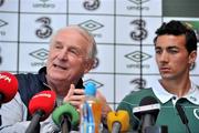 28 March 2011; Republic of Ireland manager Giovanni Trapattoni with captain Stephen Kelly during a press conference ahead of their International Friendly match against Uruguay on Tuesday. Grand Hotel, Malahide, Co. Dublin. Picture credit: David Maher / SPORTSFILE