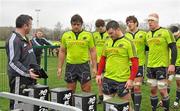 29 March 2011; Munster players, from left, Tony Buckley, Donnacha Ryan, Damien Varley, Donncha O'Callaghan, Paul O'Connell and James Coughlan listen to the timing of a referees scrum engagement call on a speaker held by assistant coach Anthony Foley during squad training ahead of their Celtic League match against Leinster on Saturday. Munster Rugby Squad Training, CIT, Bishopstown, Cork. Picture credit: Diarmuid Greene / SPORTSFILE