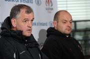 29 March 2011; Ulster head coach Brian McLaughlin, left, and captain Rory Best during a press conference ahead of their Celtic League match against Scarlets on Friday night. Ulster Rugby Press Conference, Newforge Training Centre, Belfast, Co. Antrim. Picture credit: Oliver McVeigh / SPORTSFILE