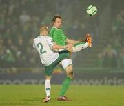 29 March 2011; Jonny Evans, Northern Ireland, in action against Miso Brecko, Slovenia. EURO2012 Championship Qualifier, Northern Ireland v Slovenia, Windsor Park, Belfast, Co. Antrim. Picture credit: Oliver McVeigh / SPORTSFILE