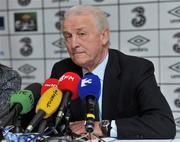 30 March 2011; Republic of Ireland manager Giovanni Trapattoni speaking during a press conference following last night's international friendly game against Uruguay. Republic of Ireland Press Conference, Clarion Hotel, Dublin Airport, Dublin. Picture credit: David Maher / SPORTSFILE