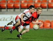 30 March 2011; Danny Savage, Down, in action against Finbar McQuaid, Tyrone. Cadbury Ulster GAA Football Under 21 Championship Quarter-Final, 2nd Replay, Tyrone v Down, Athletic Grounds, Armagh. Picture credit: Oliver McVeigh / SPORTSFILE