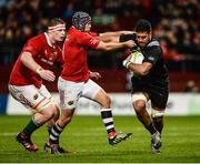 11 November 2016; Akira Ioane of Maori All Blacks is tackled by Duncan Williams of Munster supporter by team mate John Madigan, left, during the match between Munster and the New Zealand Maori All Blacks at Thomond Park in Limerick. Photo by Diarmuid Greene/Sportsfile