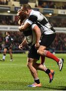 11 November 2016; Akker van der Merwe of Barbarians celebrates with Andy Ellis after scoring his side's third try during the Representative Fixture match between Barbarians and Fiji at the Kingspan Stadium in Belfast. Photo by Oliver McVeigh/Sportsfile