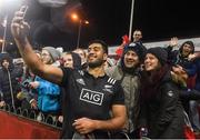 11 November 2016; Akira Ioane of Maori All Blacks takes a 'selfie' with Brendan and Sabhbh Murray from Portumna, Co. Galway, after the match between Munster and the New Zealand Maori All Blacks at Thomond Park in Limerick. Photo by Brendan Moran/Sportsfile