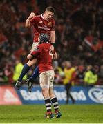 11 November 2016; Ian Keatley and Duncan Williams of Munster celebrate at the final whistle after the match between Munster and the New Zealand Maori All Blacks at Thomond Park in Limerick. Photo by Diarmuid Greene/Sportsfile