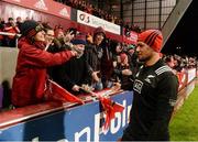 11 November 2016; Whetu Douglas of Maori All Blacks, wearing a Munster hat, greets supporters after the match between Munster and the New Zealand Maori All Blacks at Thomond Park in Limerick. Photo by Diarmuid Greene/Sportsfile