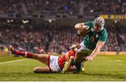 12 November 2016; Luke Marshall of Ireland scores his side's second try despite the attention of Gordon McRorie of Canada during the Autumn International match between Ireland and Canada at the Aviva Stadium in Dublin. Photo by Ramsey Cardy/Sportsfile