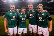 12 November 2016; Ireland debutants and Leinster team-mates, from left, Garry Ringrose, Luke McGrath, Dan Leavy and James Tracy following their victory in the Autumn International match between Ireland and Canada at the Aviva Stadium in Dublin. Photo by Ramsey Cardy/Sportsfile
