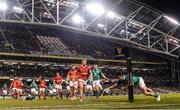 12 November 2016; Tiernan O'Halloran of Ireland scores a try during the Autumn International match between Ireland and Canada at the Aviva Stadium in Dublin. Photo by Ramsey Cardy/Sportsfile