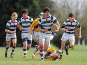 31 March 2011; Jake Jacobson, St. Columba's, goes past the tackle of Robin Brickell, CBS Naas. Senior Shield Section 'A' Final, CBS Naas v St. Columba's, North Kildare RFC, Kilcock, Co. Kildare. Picture credit: Barry Cregg / SPORTSFILE