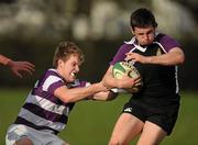 31 March 2011; David Doyle, Terenure College, is tackled by Sean Mulholland, Clongowes Wood College SJ. Senior Seconds Division 1 Final, Terenure College v Clongowes Wood College SJ, Castleknock College, Castleknock, Co. Dublin. Picture credit: Stephen McCarthy / SPORTSFILE