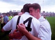 21 June 1998; Anthony Rainbow, right, celebrates with his Kildare team-mate Karl O'Dwyer, 14, following the Bank of Ireland Leinster Senior Football Championship Quarter-Final Replay match between Kildare and Dublin at Croke Park in Dublin. Photo by David Maher/Sportsfile