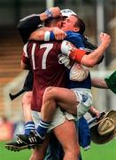 26 July 1998; Waterford goalkeeper Brendan Landers celebrates with team-mate Paul Flynn, wearing the Galway 17 jersey, and a Waterford supporter following the Guinness All-Ireland Senior Hurling Championship Quarter-Final match between Waterford and Galway at Croke Park in Dublin. Photo by Damien Eagers/Sportsfile