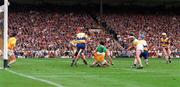 3 September 1995; Éamonn Taaffe of Clare, scores his side's first goal past David Hughes of Offaly during the All-Ireland Senior Hurling Championship Final match between Clare and Offaly at Croke Park in Dublin. Photo by Ray McManus/Sportsfile