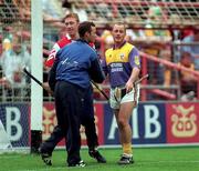 5 July 1998; Wexford's Ian Scallan is congratulated by Dublin's Brendan McLoughlin and Louth's Paul Dunne at Croke Park Dublin. Photo by Ray McManus/Sportsfile